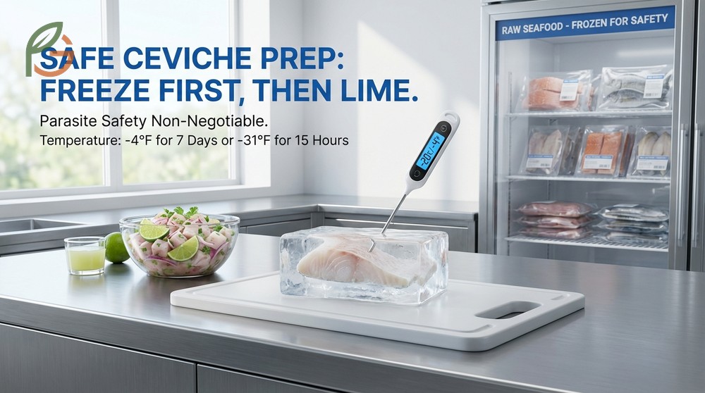 Safe ceviche preparation steps including freezing seafood at -4F to kill parasites before marinating.