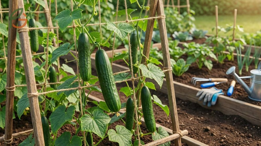 Training young cucumber vines to climb a vertical support structure for better air circulation.