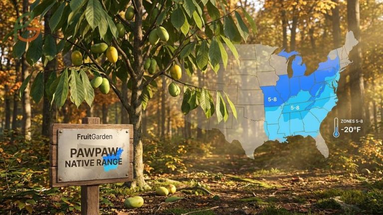 Where do pawpaw trees grow showing the native distribution across 26 states in the eastern US and zones 5 to 8.