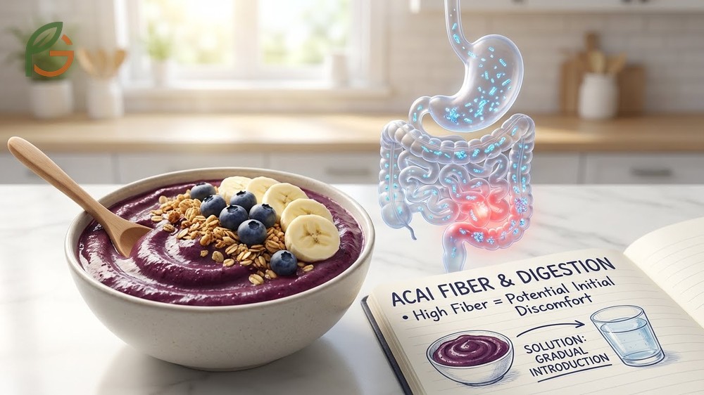Acai berry side effects on digestion including abdominal distension from high fiber content in sensitive individuals.
