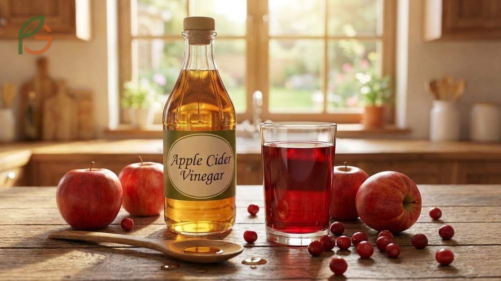 Apple cider vinegar and cranberry juice combination featuring acetic acid and proanthocyanidins for better health.