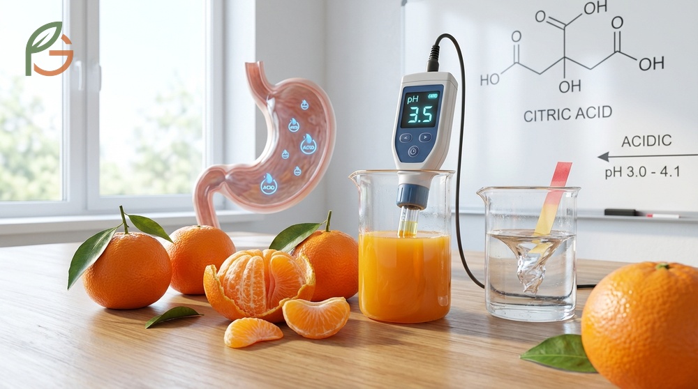Are mandarins acidic overview showing citric acid content and pH scale comparison for digestive health.