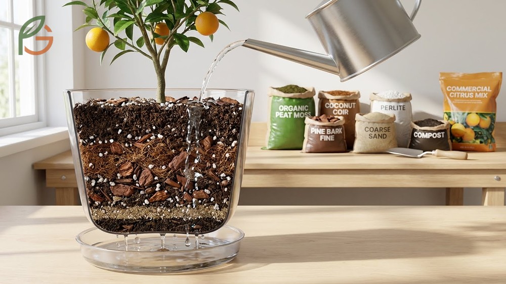 Soil mix and watering schedule for avocados combining peat moss and perlite to prevent root rot issues.