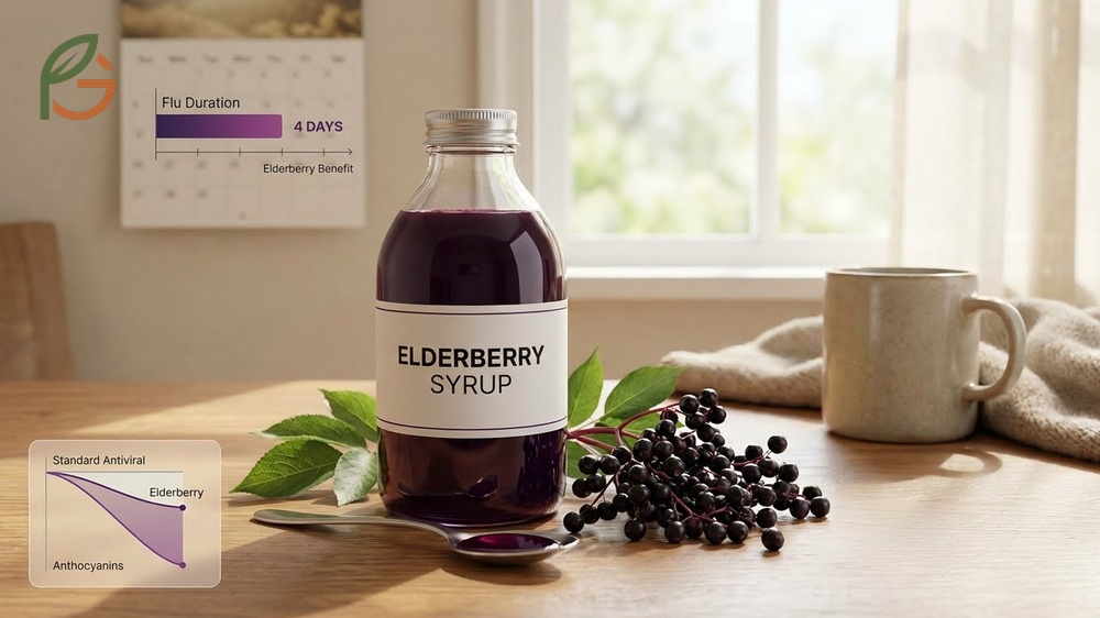 Benefits of elderberry syrup showing a reduction in flu duration by approximately four days when taken within 48 hours.