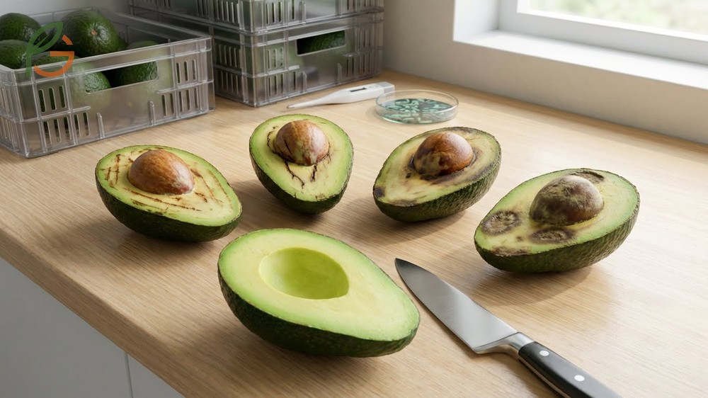 Brown spots in avocado resulting from enzymatic reactions or chilling injury below 41 degrees Fahrenheit.