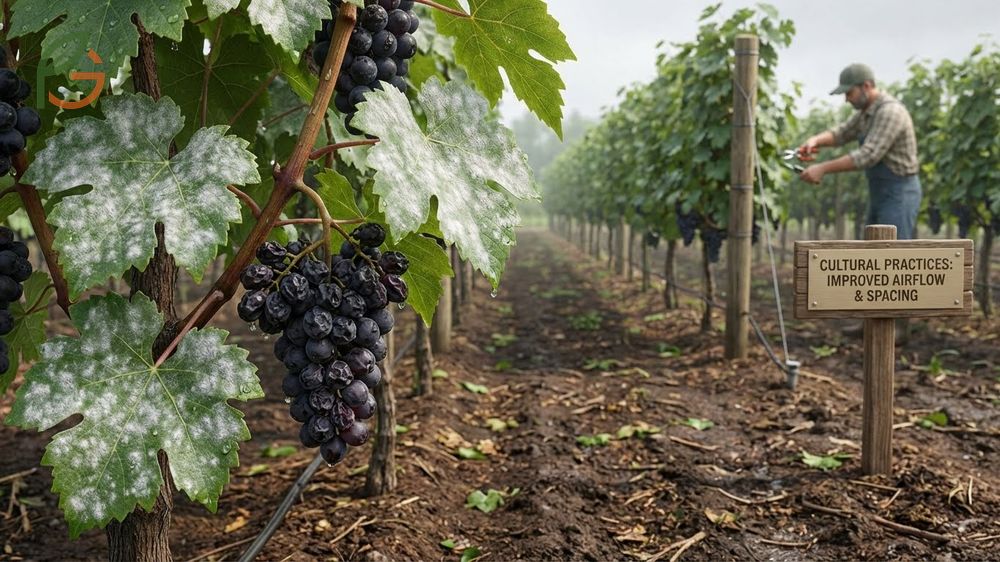 Common grape diseases like black rot and powdery mildew identified on leaves requiring timely fungicide control.