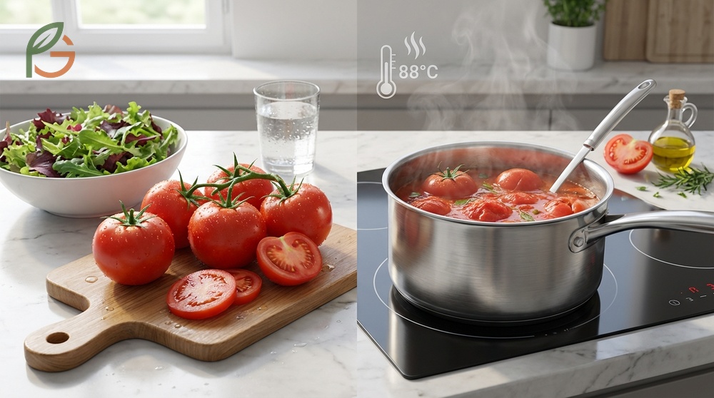 Cooked vs raw tomatoes research indicates cooking at 190F for 15 minutes increases bioavailable lycopene by 171%.