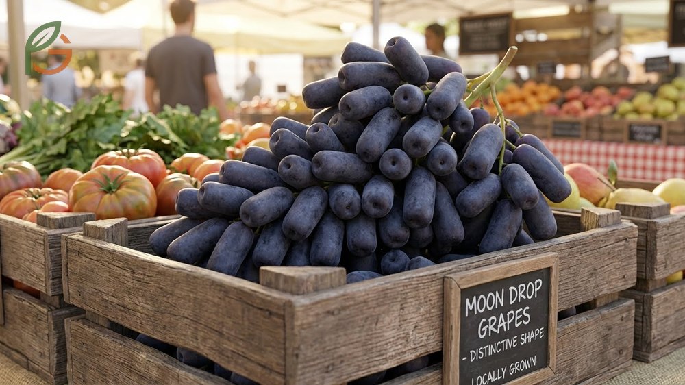 Distinctive shape and appearance of Moon Drop grapes highlighting the cylindrical form and dimpled ends.