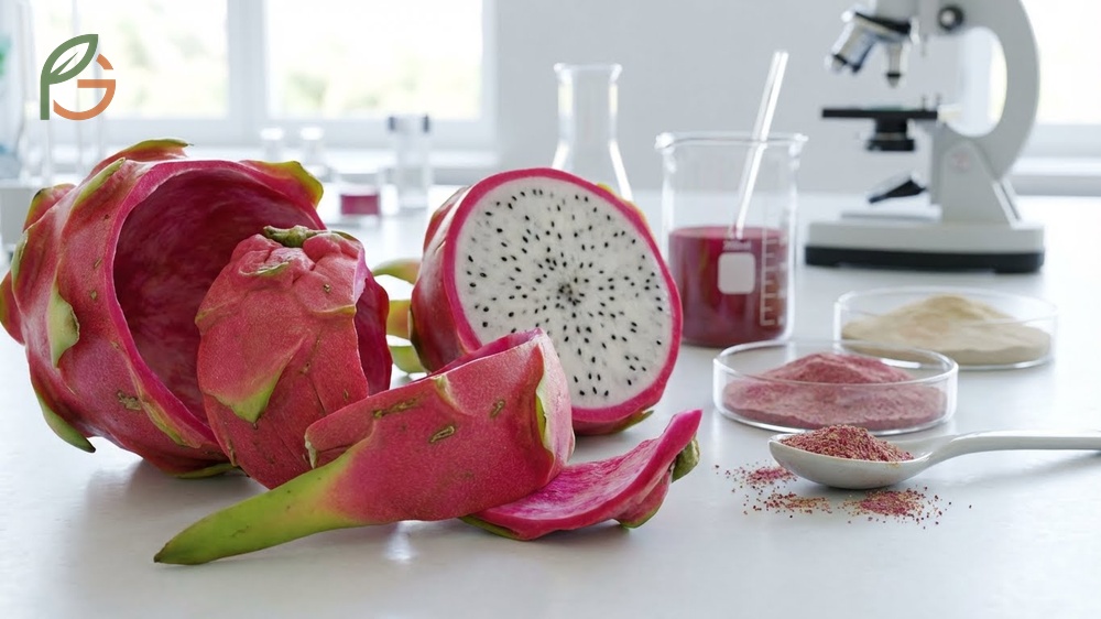 Dragon fruit peel nutrition benefits highlighting 57 to 69 percent dietary fiber content for cholesterol management.