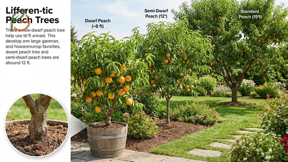 Dwarf peach tree varieties producing full sized fruit on compact trees suitable for containers.