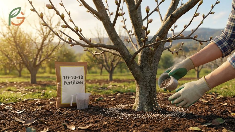 Fertilizing fruit trees with a split application schedule for optimal growth and fruit production.