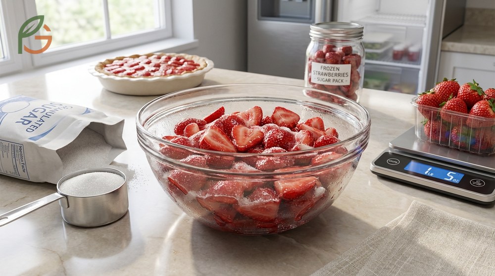 Freezing strawberries with sugar to create a syrup that protects color and extends storage time.