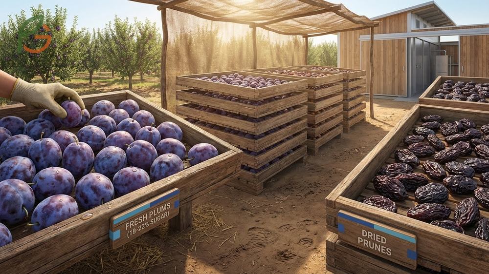 Fresh plums transform into dried prunes through a process requiring harvest at 18 to 22 percent sugar content.
