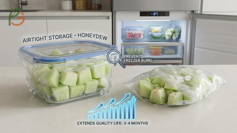 Frozen melon storage options utilizing airtight bags to prevent freezer burn and extend shelf life.