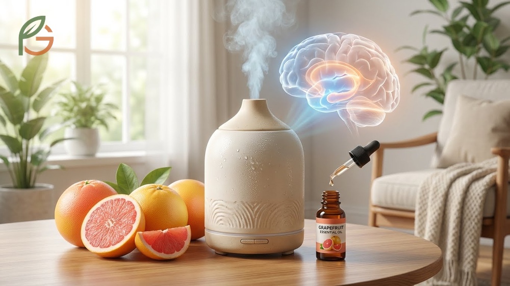 Grapefruit aromatherapy oil benefits enhance mental focus and reduce anxiety levels by activating the limbic system with citrus scents.