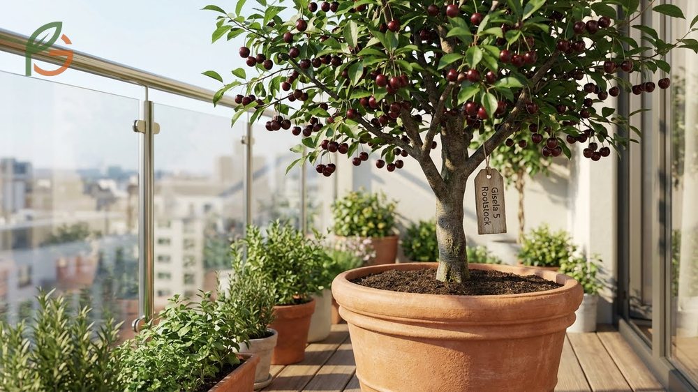 Cherry tree in container requires pots at least 20 inches wide and regular fertilization to support compact growth.