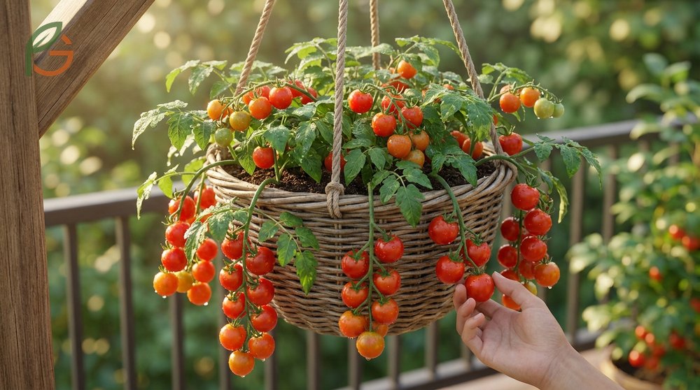 Growing tomatoes in hanging baskets setup requires secure ceiling hooks to support fifty pounds of soil and fruit.