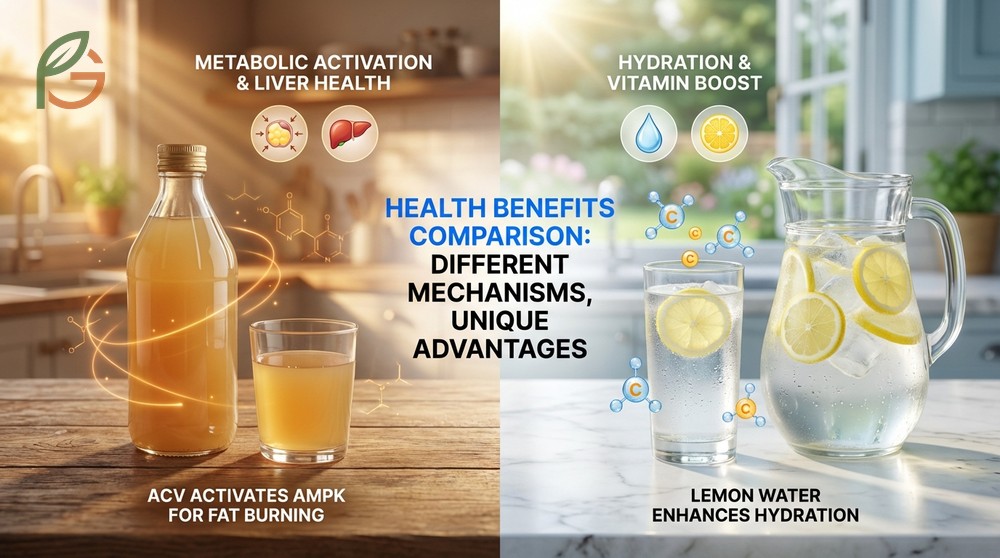 Health benefits comparison shows ACV activates fat burning enzymes while lemon water improves morning hydration.