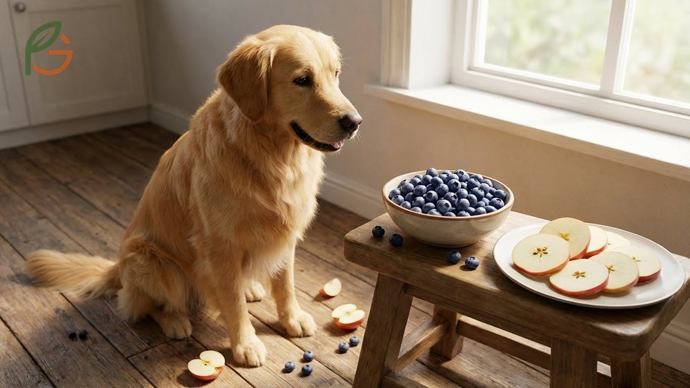 Healthy fruit treats for dogs like blueberries and apples that offer nutrition without toxicity risks.