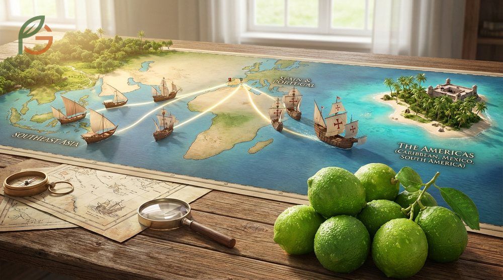 A historical map depicting the journey of key limes from Southeast Asia to the Florida Keys.