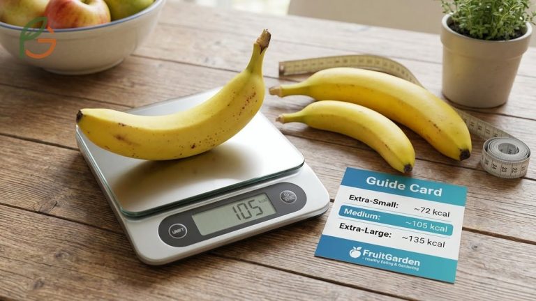 How many calories in a banana guide showing a medium fruit contains 105 calories for a healthy snack option.