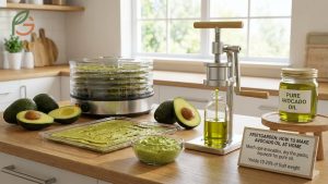 Step-by-step guide on how to make avocado oil at home using simple kitchen equipment and ripe fruit.