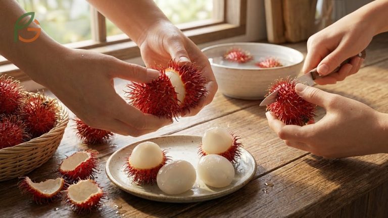 How to peel rambutan quickly using the hand squeeze method to reveal the white flesh in seconds.