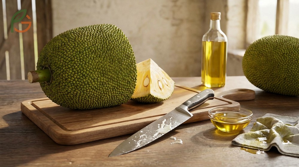 Jackfruit cutting technique focuses on managing sticky sap by frequently wiping the oiled blade to maintain a clean edge.