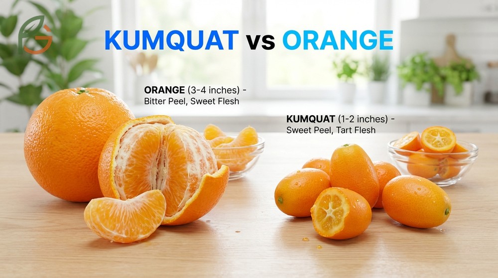 Kumquat vs orange comparison showing differences in size eating method and peel edibility between the fruits.