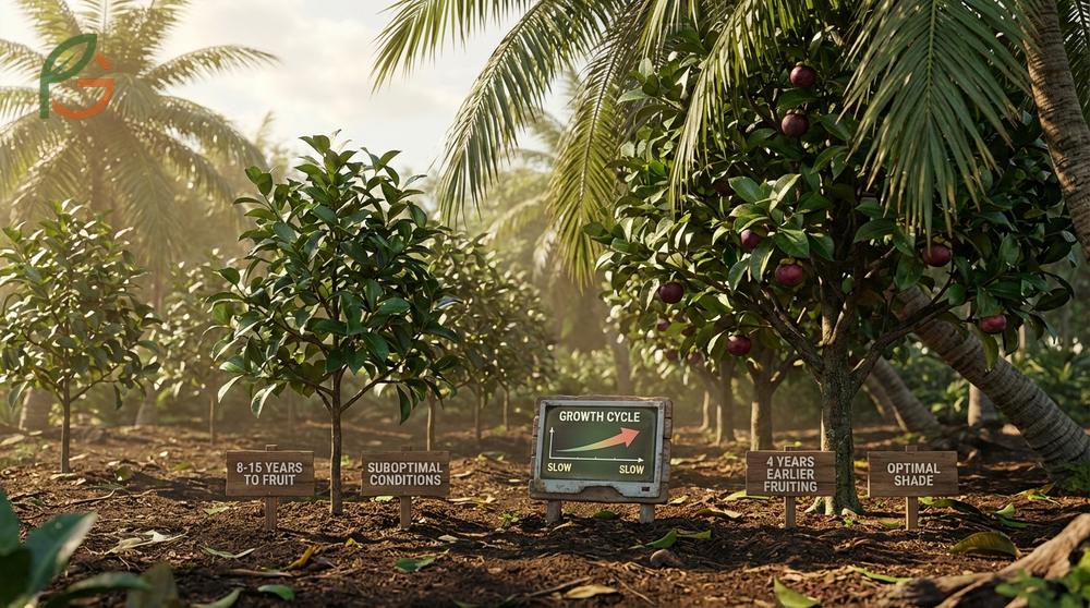 How long does mangosteen take to fruit depends on conditions but typically requires 8 to 10 years from seed.