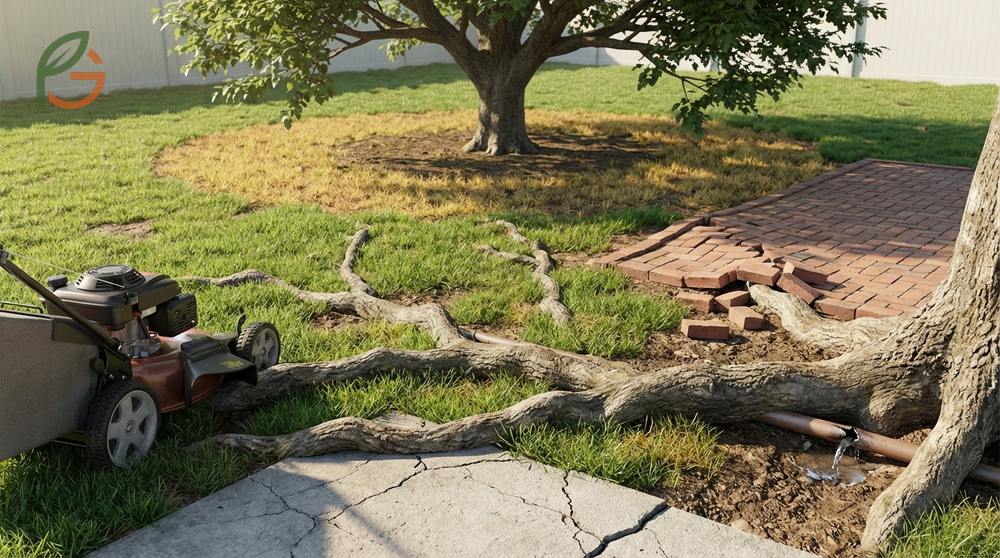 Mulberry root problems managed by installing root barriers 24 inches deep to redirect growth.