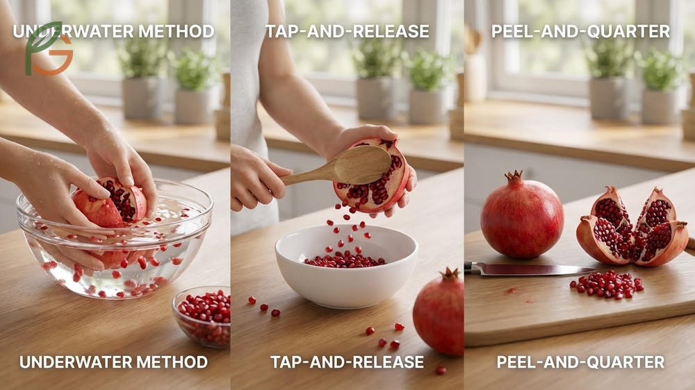 How to open a pomegranate using the underwater method separates arils cleanly while preventing juice stains.