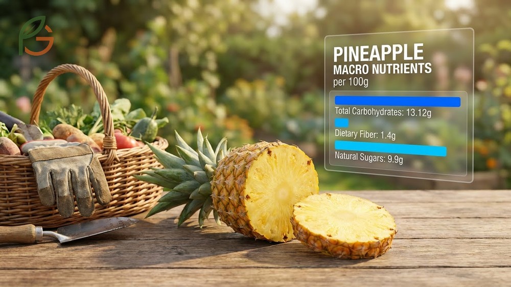 Pineapple macro nutrients consist primarily of carbohydrates and dietary fiber with negligible amounts of fat.