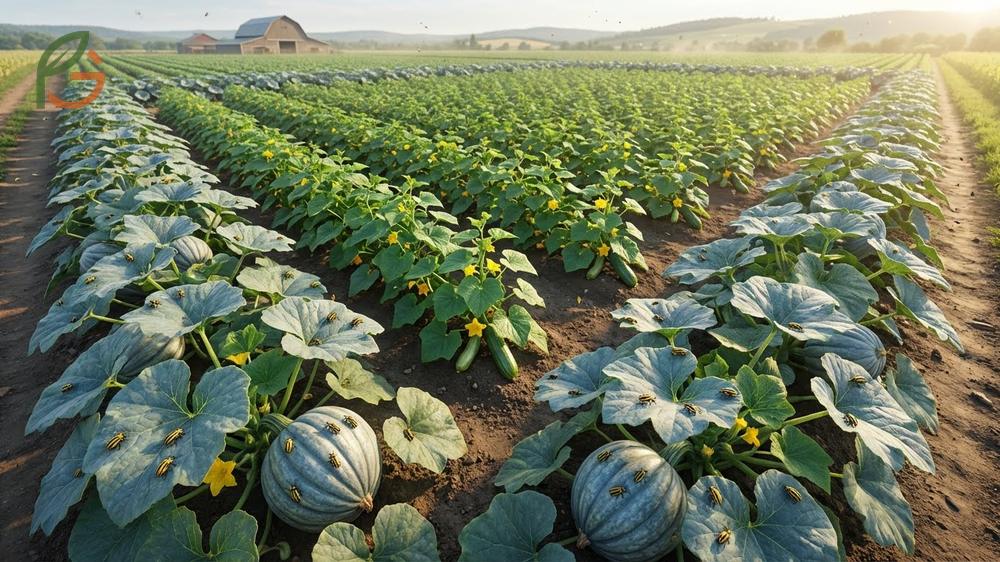 Preventing cucumber beetles using perimeter trap cropping with Blue Hubbard squash to divert pests away from the main garden crop.