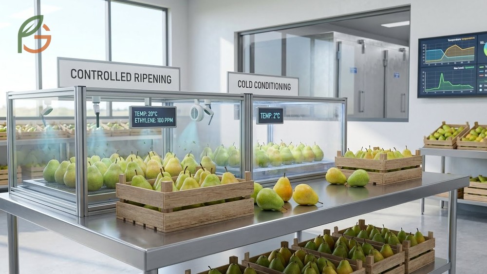 Ripening pears after harvest using room temperature storage at 60 to 70 degrees Fahrenheit for optimal sweetness.