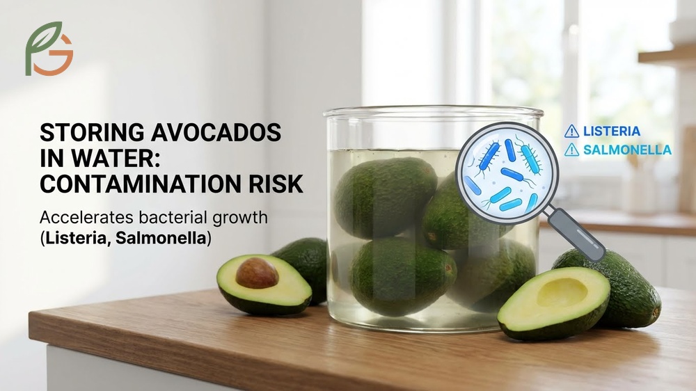 Storing avocados in water diagram showing how bacteria multiplies and penetrates the pulp in 15 days.