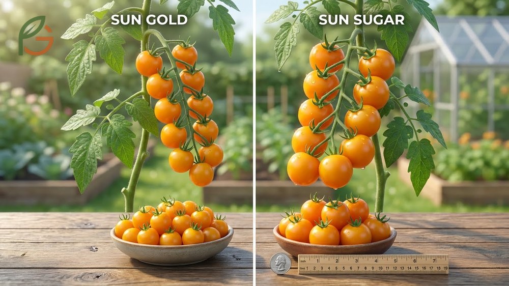 Sun gold vs sun sugar tomatoes comparing flavor profiles, fruit size, and cracking resistance for gardeners.