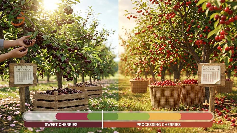 When is cherry season for sweet varieties like Bing in June versus tart Montmorency cherries harvesting in July.