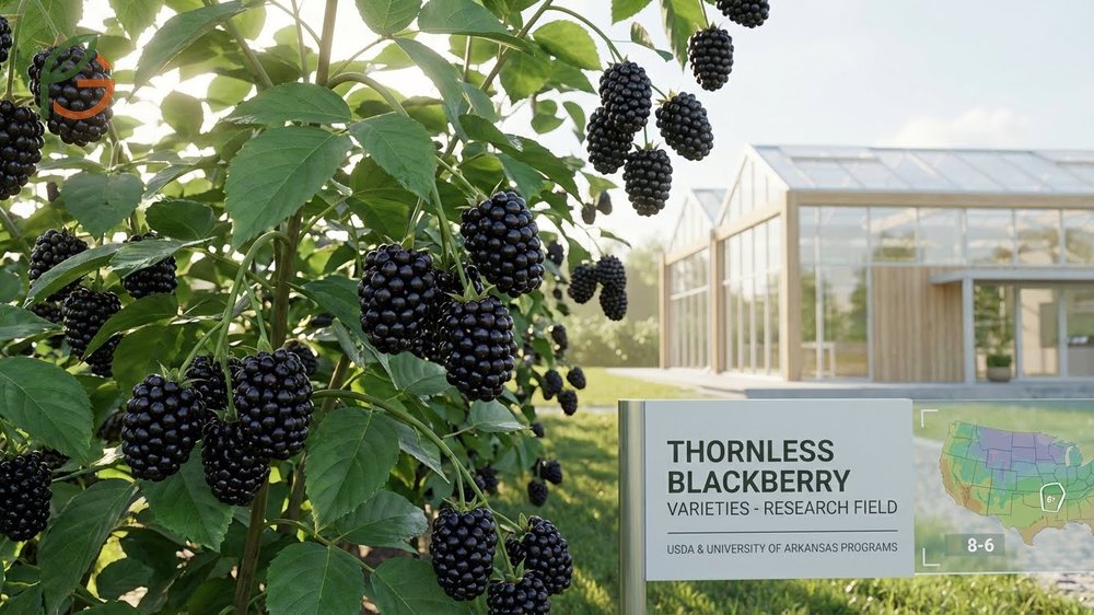 Thornless blackberry varieties include erect and trailing types suited for USDA zones 5 to 9.
