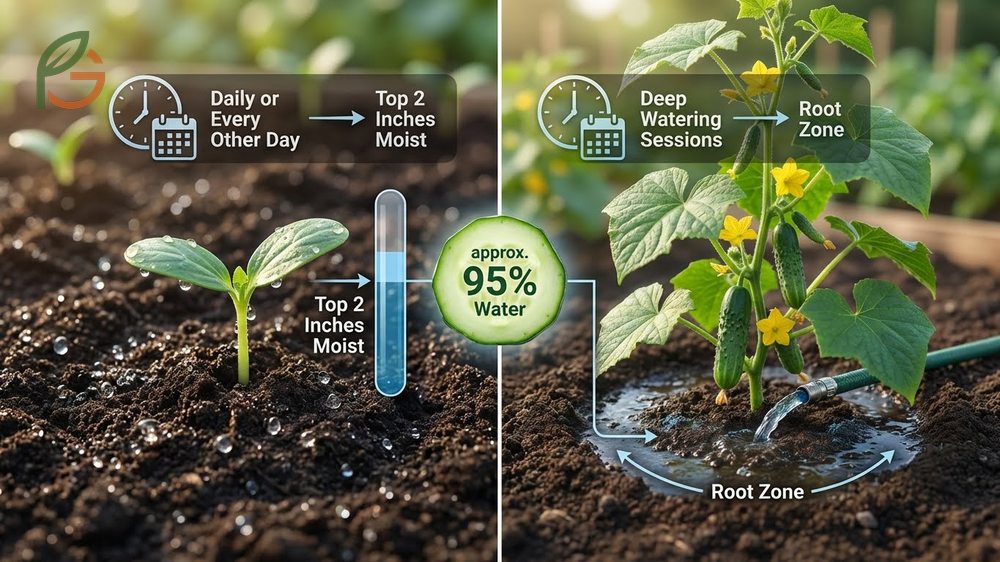 Watering cucumber plants at the base to keep foliage dry and reduce disease risks.