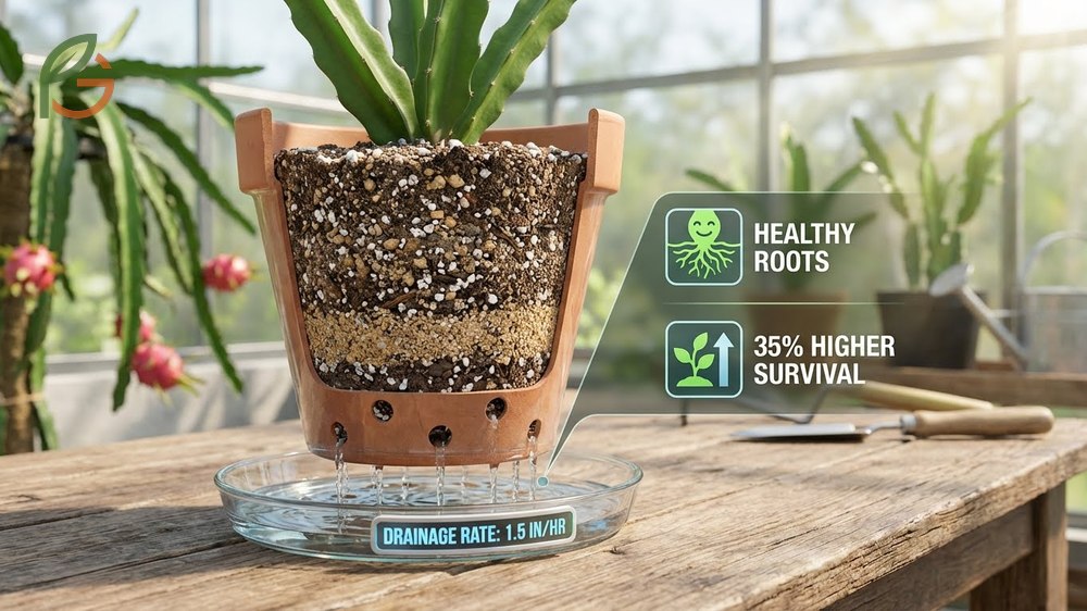 Well draining soil for dragon fruit allowing water to drain 1 to 2 inches per hour to prevent root rot in plants.