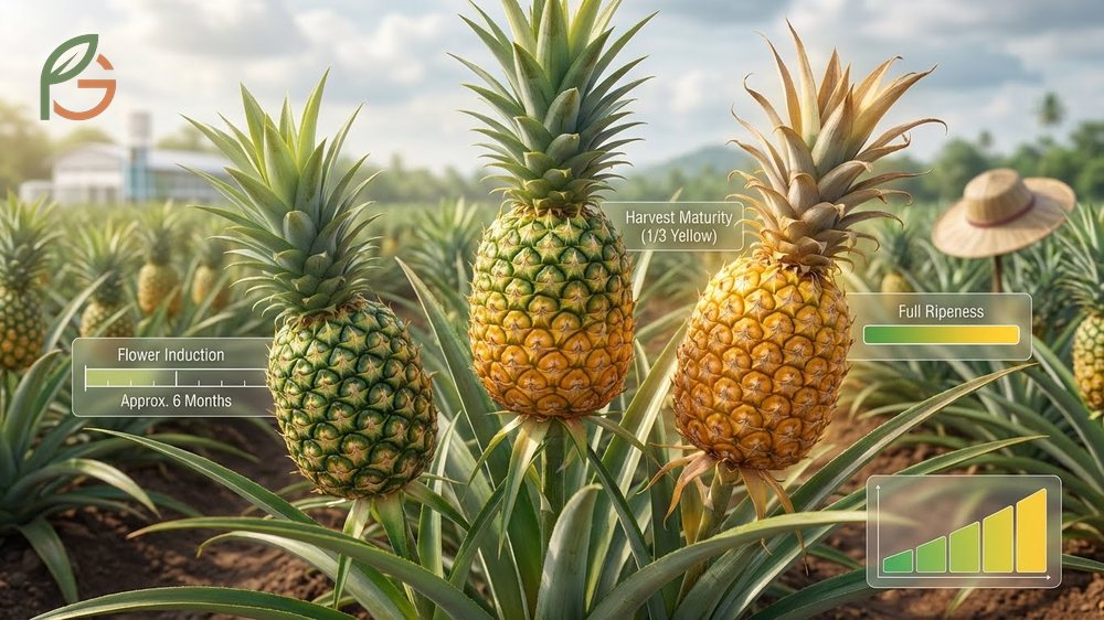 Pineapples are ready when they show at least one third yellow coloring after approximately 6 months of growth.