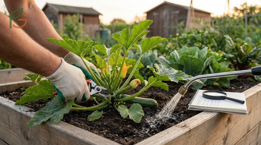 Zucchini plant maintenance ensuring 24 to 36 inches spacing and providing 1 to 2 inches of water weekly after pruning.