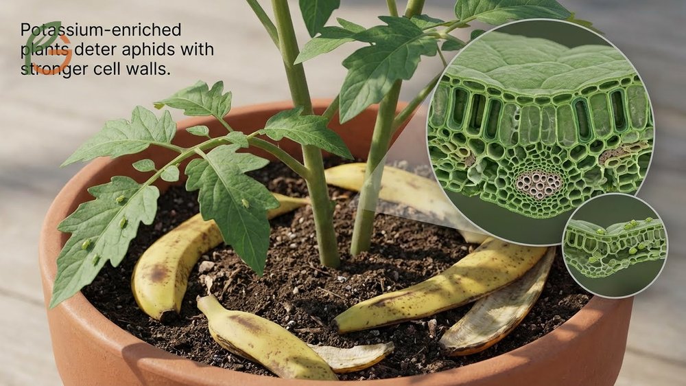 Aphids and banana peels interaction where potassium strengthens plant cell walls against sap sucking pests.