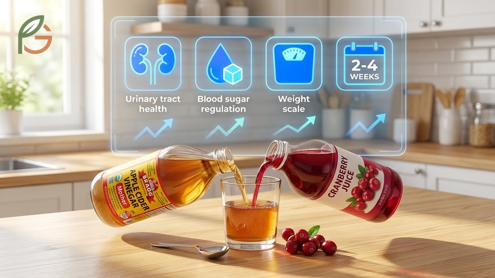 Benefits of apple cider vinegar and cranberry juice include reduced UTI recurrence and stable blood sugar levels.