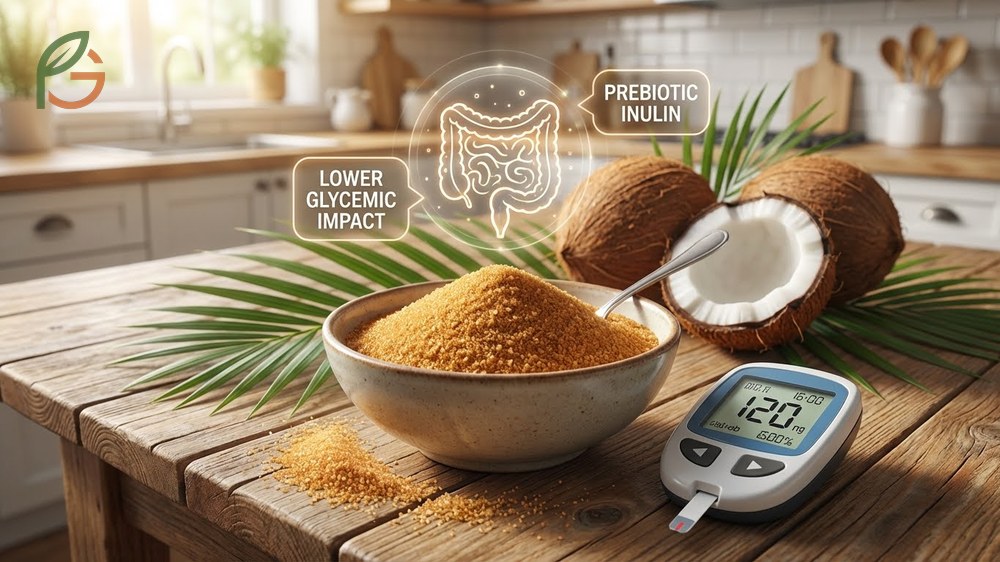 Coconut sugar benefits including inulin fiber content and lower environmental impact from sustainable palm farming practices.