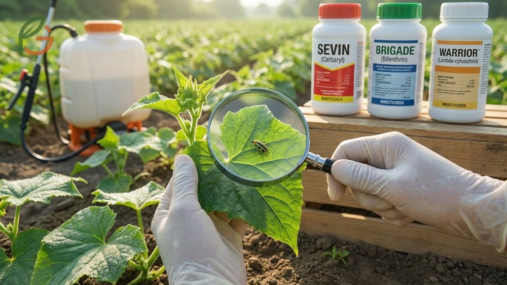 Chemical control options for cucumber beetles using synthetic insecticides when populations exceed the threshold of one beetle per plant.