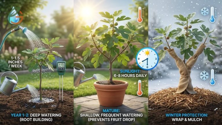 Common fig tree care guide covering watering essentials and winter protection strategies.