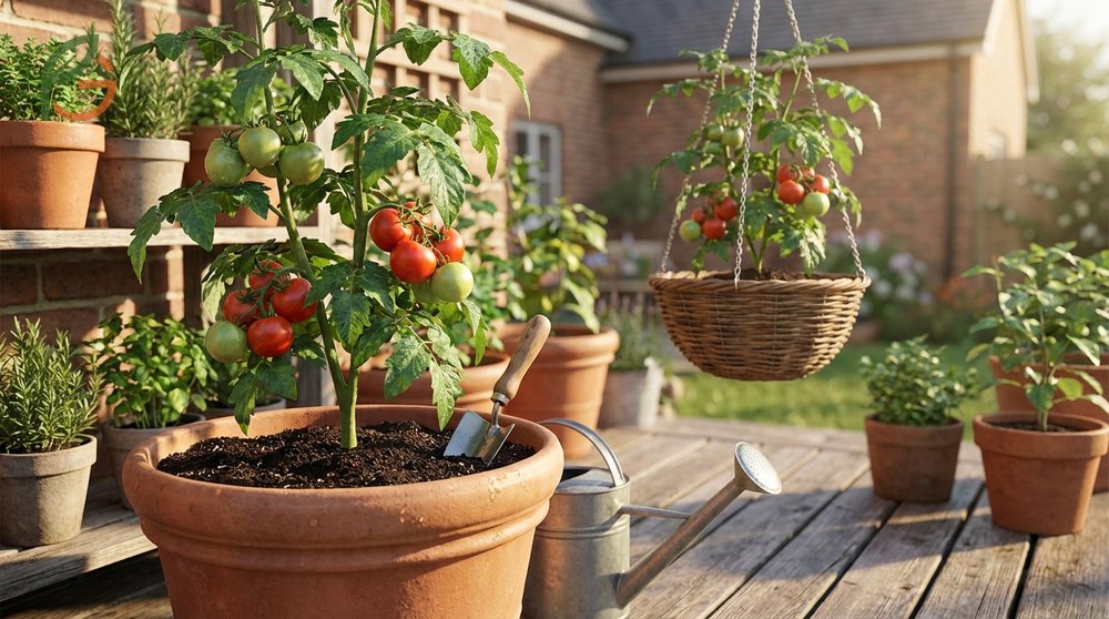 Container tomato growing maintenance involves daily watering and biweekly fertilization to support root health in limited soil.