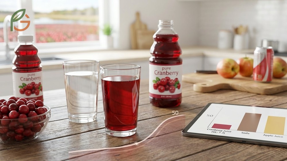 Cranberry juice glycemic index is low at 50 for unsweetened versions preventing sharp blood sugar spikes.